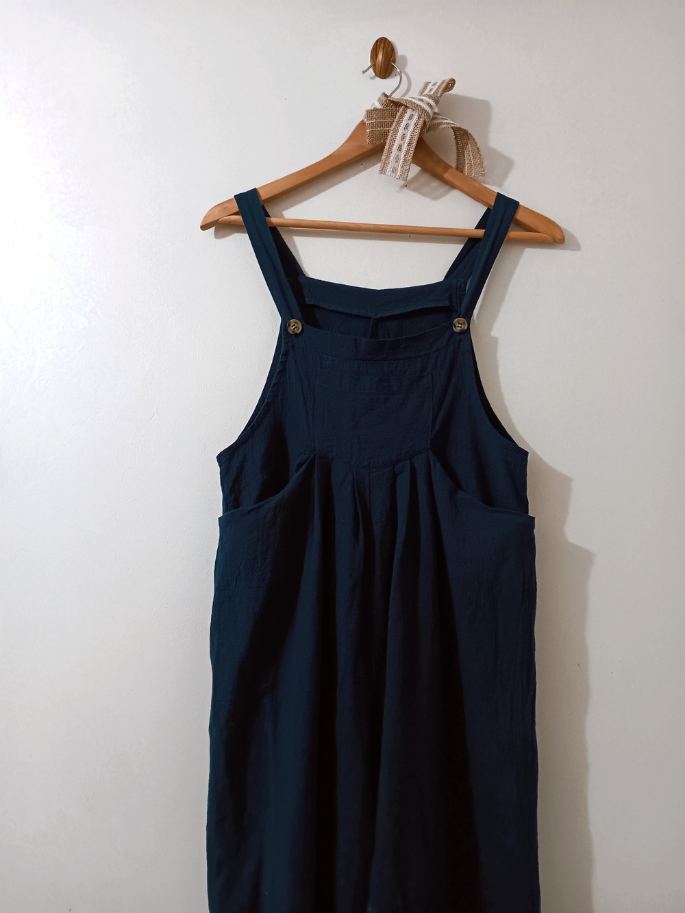 Navy Blue Boho Western Pintuck Pocket Bib Square Neck Wide Leg Jumpsuit Overalls